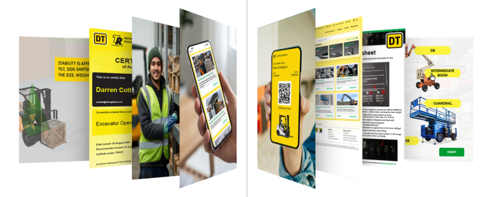 Driving Tests LMS previews showing certificates, dashboard reports, digital ID cards and course screens