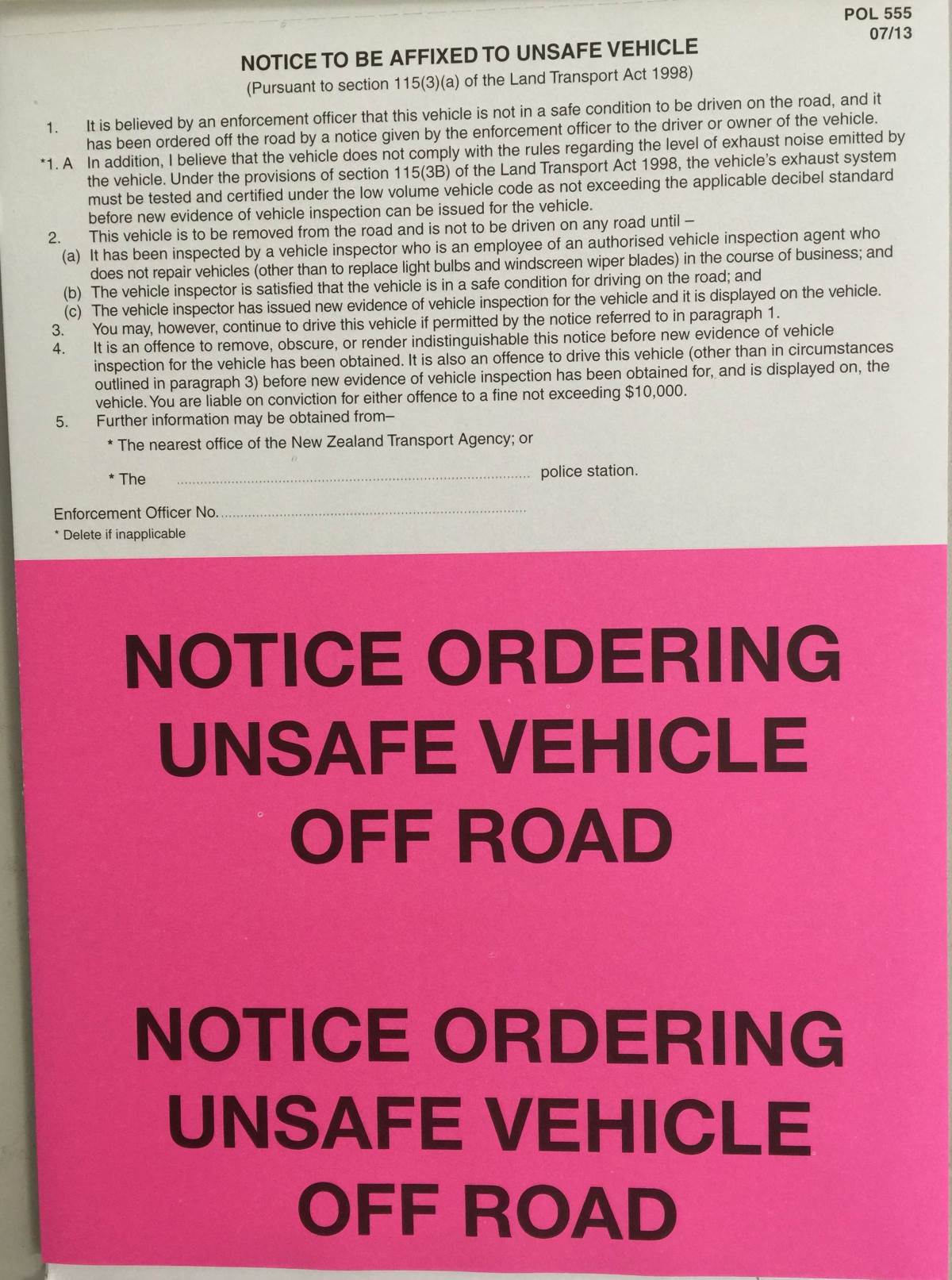Vehicle notices (pink sticker, green sticker and yellow sticker)