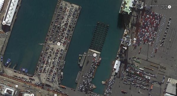 Satellite image showing the wharves full of vehicles waiting to be taken to distribution centres and vehicle dealers