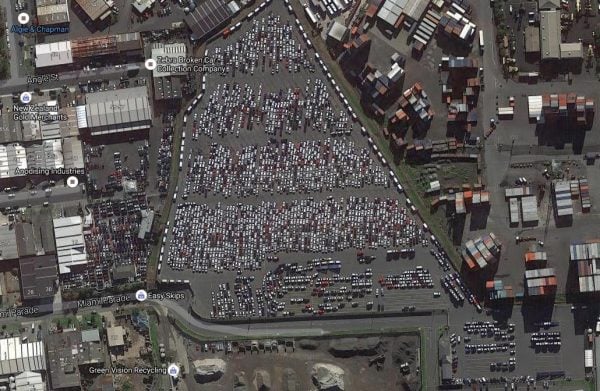 This vehicle storage area in Onehunga can hold over 1500 vehicles. Look closely and you can see a long blue car transporter loading up in the middle near the bottom of the image