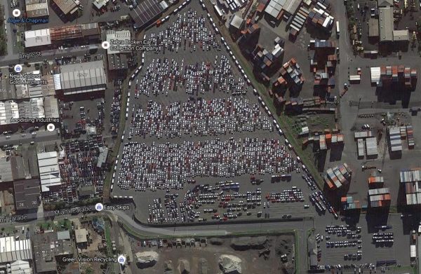 This vehicle storage area in Onehunga can hold over 1500 vehicles. Look closely and you can see a long blue car transporter loading up in the middle near the bottom of the image