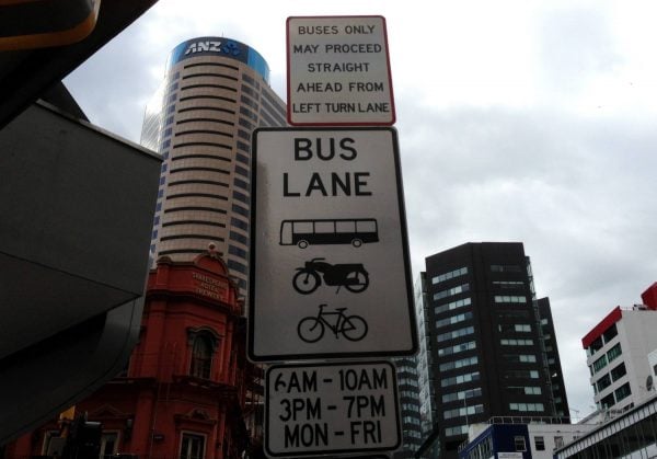 This bus lane is noted by a sign which also includes motorbikes and bikes