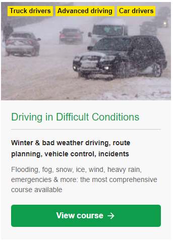 Training course for driving vehicles in high winds, floods, heavy rain, snow, ice and more