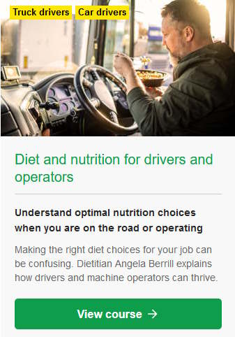 Diet and nutrition course for drivers and machine operators