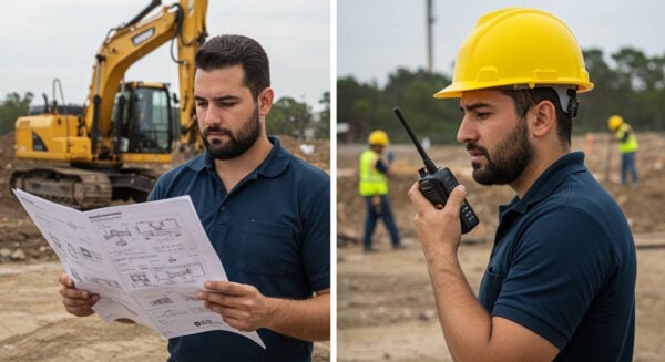 A construction site supervisor wearing a navy blue polo shirt is seen in a split-image performing two tasks. In the left half, he is holding and reviewing technical drawings or blueprints with a focused expression, while a yellow excavator is visible in the background. In the right half, he is wearing a yellow hard hat and using a walkie-talkie to communicate with workers, who are seen in the distance wearing safety vests and helmets. The construction site has dirt ground and is surrounded by trees and industrial structures.