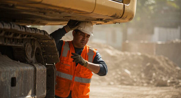 A construction worker wearing an orange high-visibility safety vest, a white hard hat, and gloves is inspecting the undercarriage of a large excavator at a dusty construction site. He is reaching up to check a component while appearing focused and attentive. The background shows piles of dirt and construction materials, with sunlight filtering through, creating a rugged worksite atmosphere.