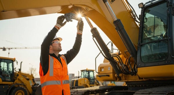 A construction worker wearing a high-visibility orange vest, safety gloves, and a hard hat is performing maintenance on a large yellow excavator at a construction site. The worker is inspecting or adjusting a mechanical component under the excavator's arm while sunlight shines through the part. Several other pieces of heavy machinery and a crane are visible in the background.