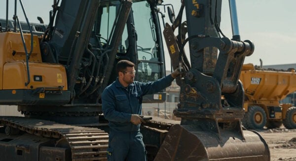A construction worker wearing a blue work uniform, safety glasses, and gloves is inspecting the hydraulic arm of a large excavator at a construction site. He is holding a tablet in one hand while using the other to check a component near the excavator’s bucket. The excavator is covered in dirt, indicating recent use. In the background, a yellow dump truck loaded with soil and additional construction equipment are visible. The site appears active, with various machinery and materials in view.