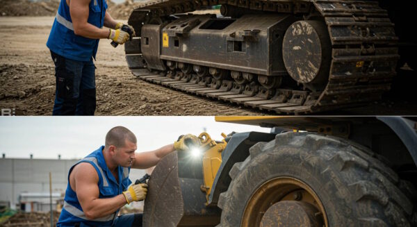 A construction worker wearing a blue sleeveless vest with reflective stripes, work pants, and yellow gloves is inspecting heavy machinery at a construction site. In the top part of the image, he is examining the metal tracks of an excavator. In the bottom part, he is using a flashlight to closely inspect a mechanical component near the wheel of a large construction vehicle. The site has dirt ground and industrial buildings in the background, indicating an active work environment.