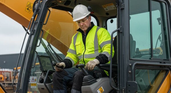 A construction worker wearing a high-visibility yellow safety jacket, a white hard hat, safety glasses, and gloves is seated inside the cab of a large excavator. He is operating the machine using control levers while looking at the onboard display screen. The interior of the cab is visible, showing modern control panels. In the background, a construction site with equipment and materials is partially visible through the glass windows.