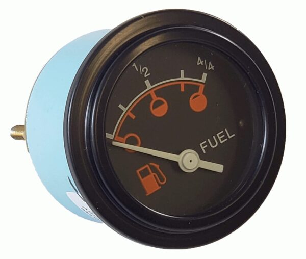 A close-up view of a round analog fuel gauge with a black face, red markings, and a needle pointing towards the empty indicator.