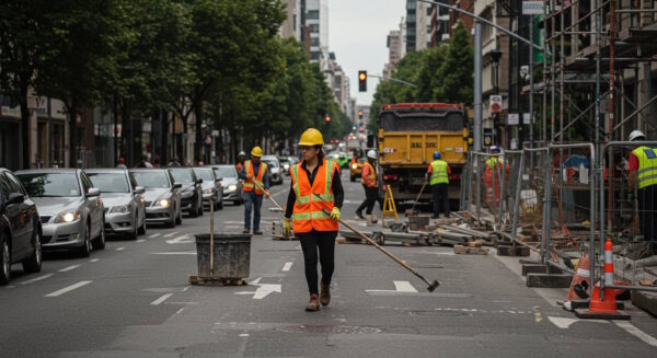 Female construction worker in a reflective vest and hard hat walking through a busy urban roadwork site.