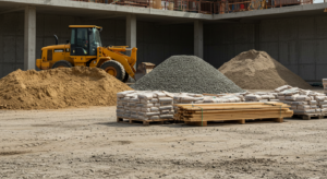 A construction site featuring stacks of cement bags, wooden planks, and piles of sand and gravel. A yellow wheel loader is parked in the background near a partially constructed concrete building.