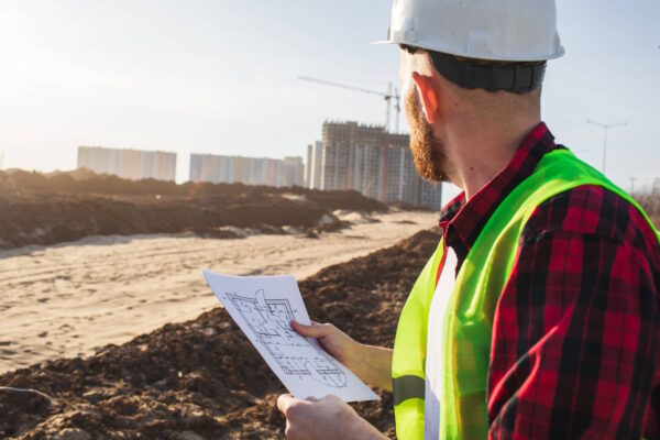 A construction worker wearing a hard hat and safety vest holds blueprints while surveying an active construction site with high-rise buildings and cranes in the background.