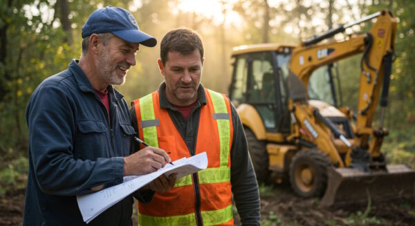 Two construction workers reviewing blueprints at a job site with a backhoe loader in the background.