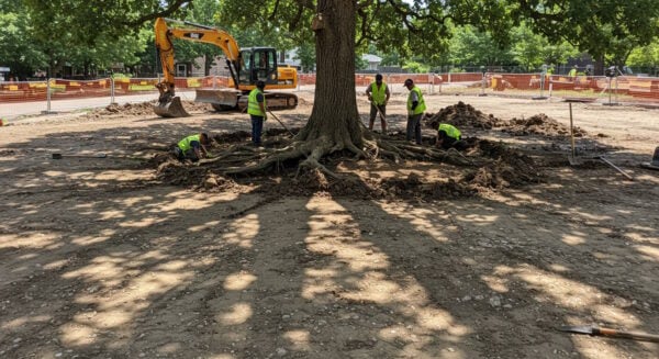 Construction workers in safety vests carefully excavating soil around a large tree with exposed roots at a construction site.