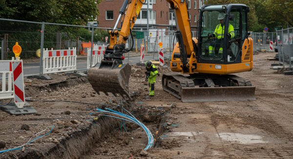 A construction worker inspects exposed underground utility cables while an excavator operates nearby on a roadwork site, surrounded by safety barriers and signs.