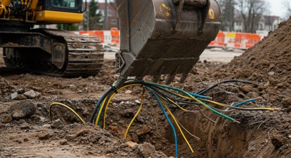 An excavator at a construction site has dug into the ground, revealing and possibly damaging a bundle of underground electrical and communication cables. The exposed wires, some frayed and severed, pose a serious safety hazard. In the background, construction barriers and an urban setting indicate an ongoing infrastructure project.