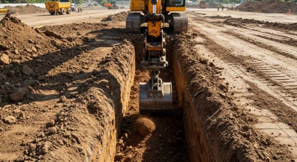 An excavator is actively digging a deep trench at a large construction site, with its bucket positioned at the bottom of the freshly dug channel. The soil walls show distinct layers of dirt, and loose earth falls from the bucket. In the background, workers in safety gear and dump trucks are visible, indicating an active work zone.