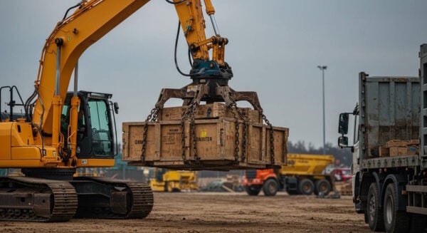 A yellow excavator equipped with a specialized lifting attachment hoists a large wooden crate secured with chains at a construction site. A truck is positioned nearby, likely for loading or unloading. The background features various construction vehicles and equipment, indicating an active industrial work zone.