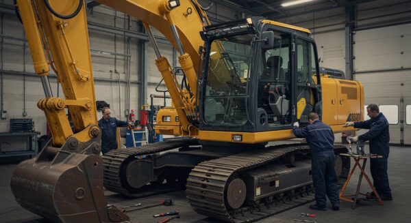 Mechanics in a workshop performing maintenance on a large yellow excavator, inspecting its parts and making necessary repairs.