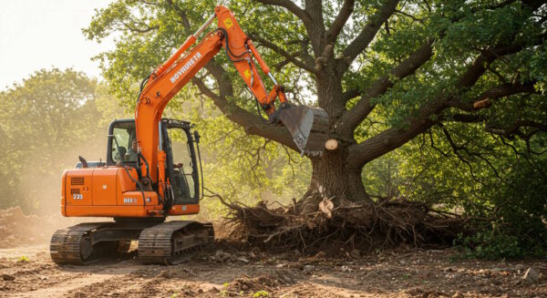 Excavator removing a large tree with exposed roots at a construction site, with dust in the background.