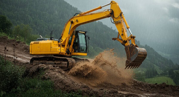Yellow excavator digging through muddy terrain in the rain, splashing dirt, with a lush green mountainous background.