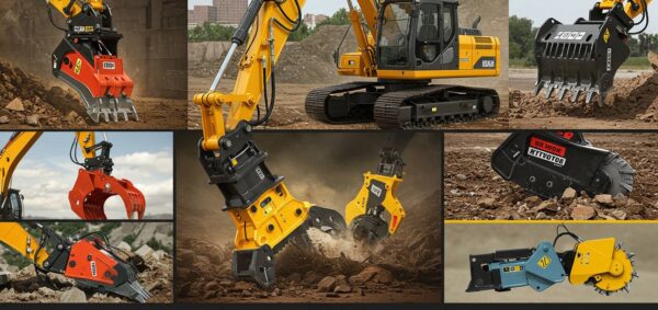A collage featuring a yellow excavator equipped with various specialized attachments for different construction and demolition tasks. The images showcase attachments such as a hydraulic breaker, grapple, rock saw, ripper, and pulverizer, each designed for specific operations like crushing, cutting, and handling materials. The background consists of a construction site with dirt, rocks, and urban elements.
