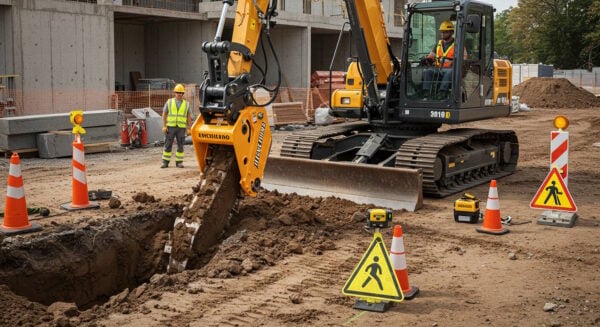 A tracked excavator equipped with a specialized trenching attachment digs a narrow trench at an active construction site. The area is marked with traffic cones, pedestrian warning signs, and safety barriers. A construction worker in a high-visibility vest and hard hat observes the excavation, ensuring safe operation. The background features a partially built concrete structure with construction materials.