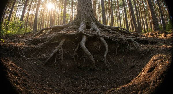 Large tree with exposed roots on eroded soil in a dense forest with sunlight filtering through the trees.