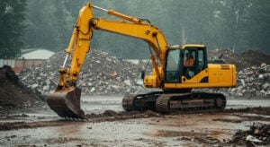 Yellow excavator operating on a muddy construction site in the rain, with a worker inside the cabin and rubble piles in the background.