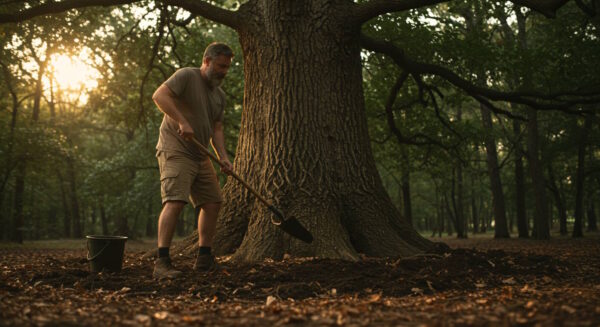 Man digging soil around a large tree in a forest during golden hour, with a bucket nearby.