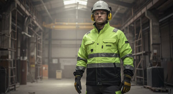 Construction worker in a high-visibility safety jacket, helmet, and protective gear standing in an industrial warehouse with scaffolding.