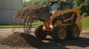 A skid-steer loader dumping a load of soil onto the ground at a construction site, with a green landscape and a concrete structure in the background.