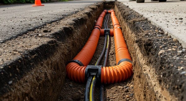 A close-up view of an underground utility trench with orange protective conduit and black cables neatly installed before being covered.
