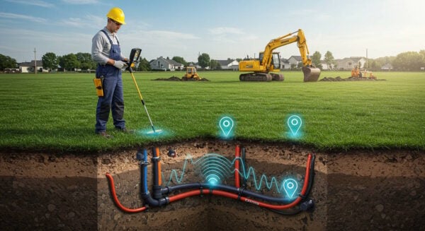 A construction worker using an underground utility locator device to detect buried pipes and cables beneath a grassy field, with an excavator digging in the background and digital markers highlighting the underground infrastructure.