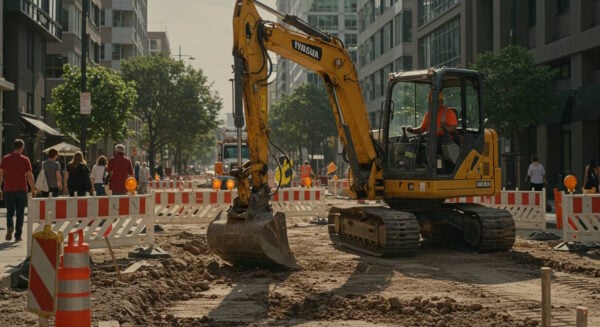 Excavator operating at a road construction site in an urban area, surrounded by safety barriers and pedestrians walking nearby.