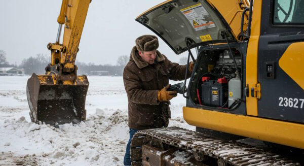 Worker in winter gear inspecting the battery compartment of a yellow excavator in a snow-covered construction site.