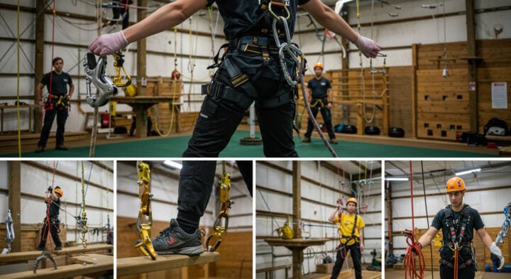 Workers undergoing advanced fall protection training, wearing full-body harnesses and using safety ropes in a specialised indoor training facility.