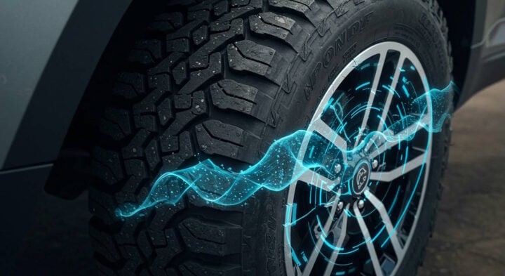 A close-up of an all-terrain tire on a Toyota vehicle, enhanced with a futuristic digital overlay. The glowing blue graphics represent advanced traction control and tire technology, emphasizing durability and performance on rough terrains.