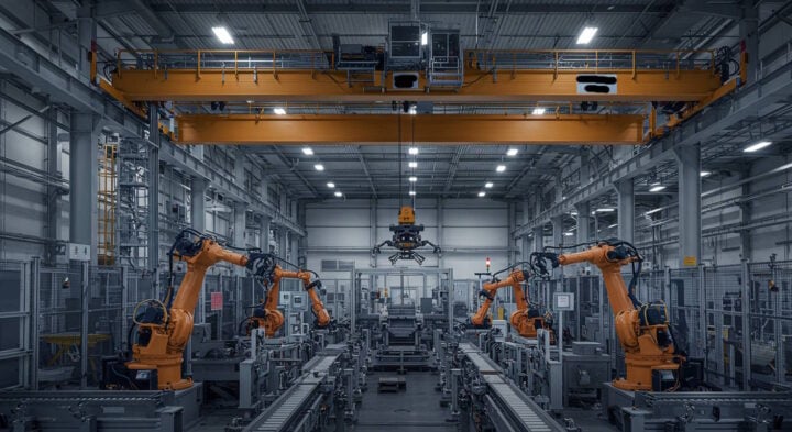 A high-tech factory interior featuring multiple robotic arms working on an automated assembly line. Overhead, a large orange bridge crane with a hoist system operates above the production floor. The environment showcases advanced automation, robotics, and modern industrial manufacturing technology.