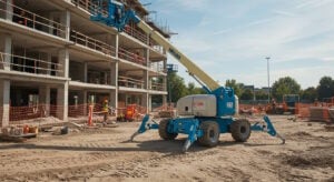 A blue boom lift with extended stabilizers is being used for work on the upper floors of a multi-story concrete building under construction, surrounded by construction workers and safety barriers.