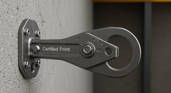 Heavy-duty certified anchor point securely mounted on a concrete wall, providing a reliable connection for fall protection equipment during elevated work on EWPs.