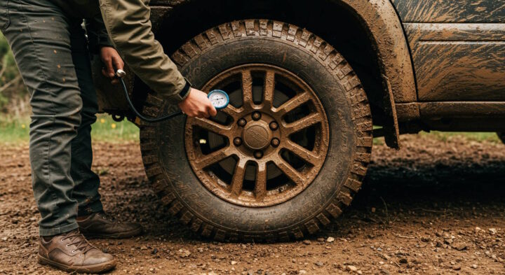 A person wearing a green jacket and brown boots checks the air pressure of a muddy off-road tire using a pressure gauge. The rugged tire and vehicle are covered in dirt, indicating recent off-road travel.