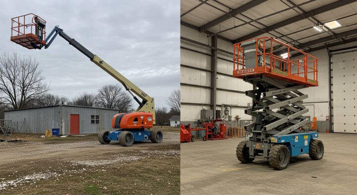 Comparison of two Elevated Work Platforms (EWPs): A boom lift operating outdoors and a scissor lift positioned indoors.