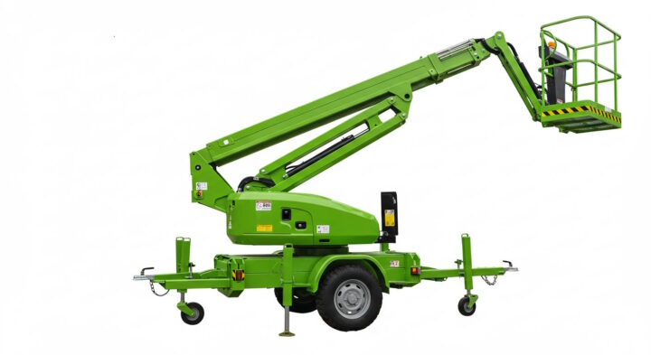 Green spider lift with an extended articulated arm and safety platform, isolated on a white background.