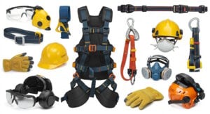 Collection of Personal Protective Equipment (PPE) including safety harness, hard hats, gloves, safety glasses, respirators, ear protection, and safety belts.