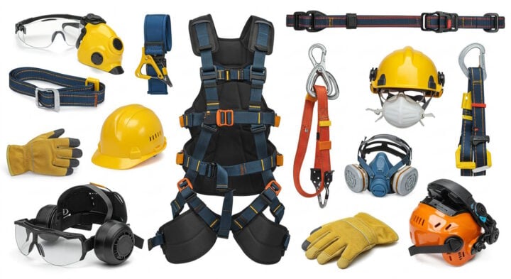 Collection of Personal Protective Equipment (PPE) including safety harness, hard hats, gloves, safety glasses, respirators, ear protection, and safety belts.