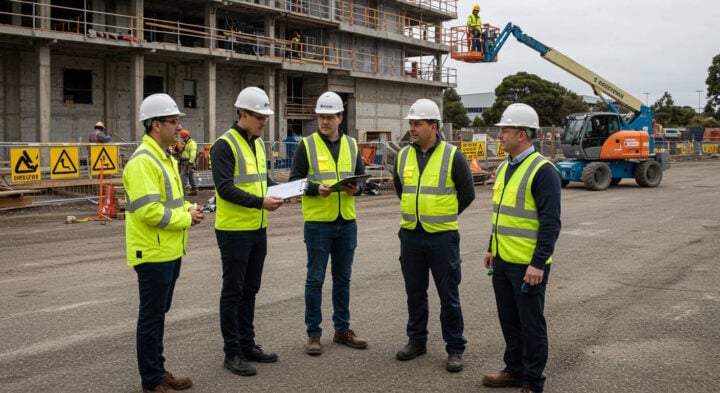 A group of five construction professionals wearing white hard hats and high-visibility yellow vests engage in a discussion on a construction site. They are reviewing documents and plans in front of a multi-story concrete building under construction. In the background, a blue and orange boom lift raises a worker near the building's upper level. Safety signs and equipment are visible around the site.
