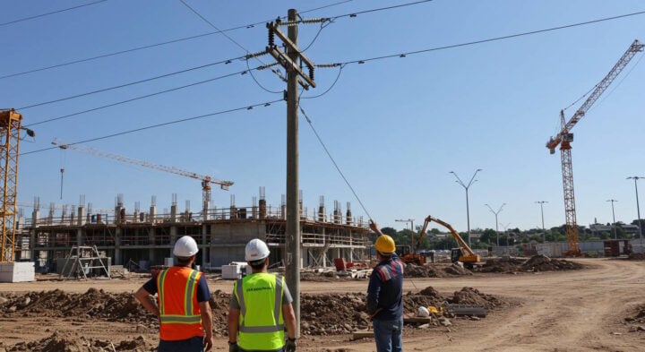 Construction workers assessing a building site with active cranes and high-voltage power lines overhead, focusing on safety and project planning.